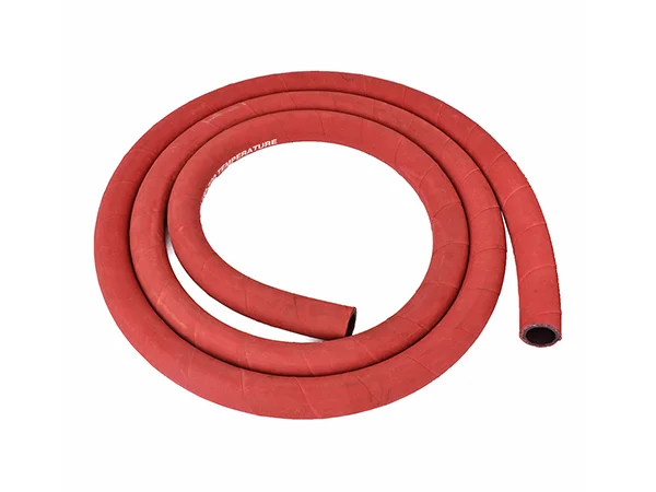 A red steam hose on a white background.