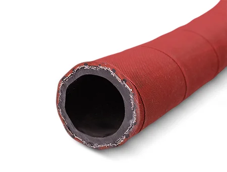 A red steam hose on a white background.